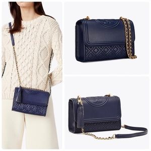 TORY BURCH Fleming Convertible Leather Shoulder Bag | Color: Navy